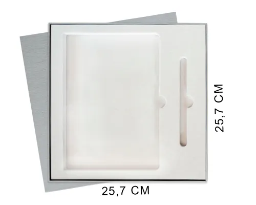 Коробка подарочная Solution Superior Alfa Linen под ежедневник и ручку, серебро, 25,7x25,7x2,8 см, бежевый ложемент (индивидуальная вырубка)