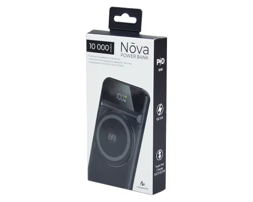 Внешний аккумулятор (powerbank) «Nova», 10 000 mAH, с тремя зарядными шнурами, c беспроводным магнитным контактом magsafe до 15W, 22,5W (Ватт) super fast charge, Power Delivery (PD) 20W (dfnn), QC3.0, черный