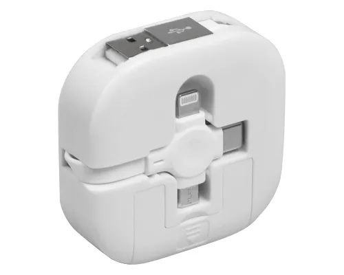 Кабель зарядный выдвижной USB Wingle 3-в-1 на Lightning, Micro-USB, Type-C «U50» 2,4 A, Quick Charge с подставкой для телефона, квадратный, белый