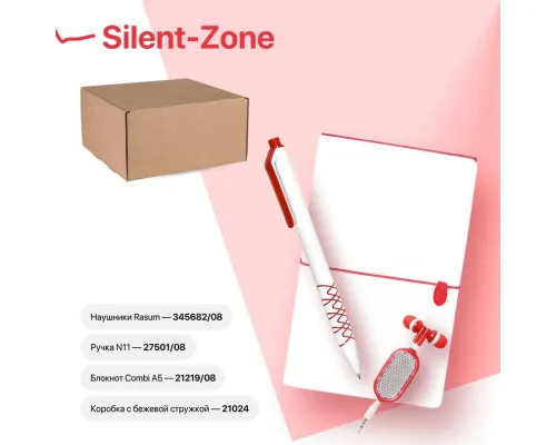 Набор подарочный SILENT-ZONE: бизнес-блокнот, ручка, наушники, коробка, стружка, бело-красный Набор подарочный SILENT-ZONE: бизнес-блокнот, ручка, наушники, коробка, стружка, бело-красный