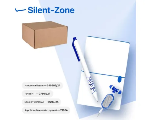 Набор подарочный SILENT-ZONE: бизнес-блокнот, ручка, наушники, коробка, стружка, бело-синий Набор подарочный SILENT-ZONE: бизнес-блокнот, ручка, наушники, коробка, стружка, бело-синий