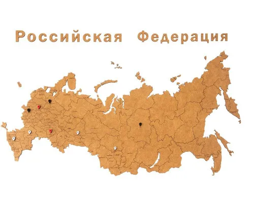 Деревянная карта России с названиями городов, коричневая Деревянная карта России с названиями городов, коричневая